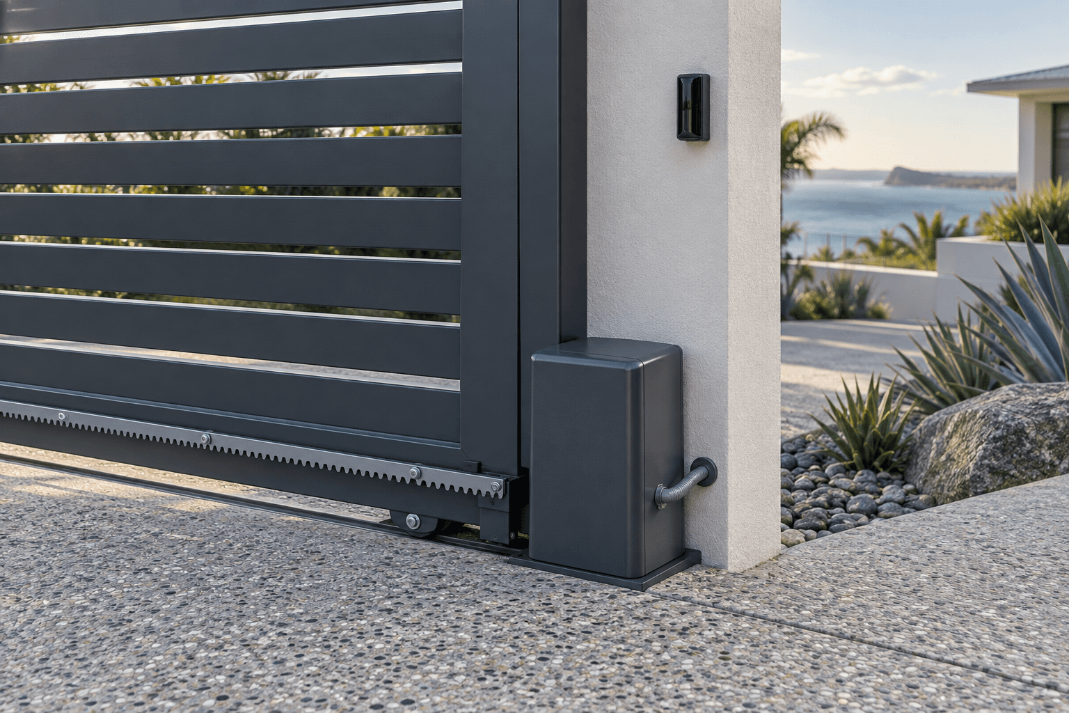 Sliding gate motor housing, drive rack and entry sensor beside a rendered gate post