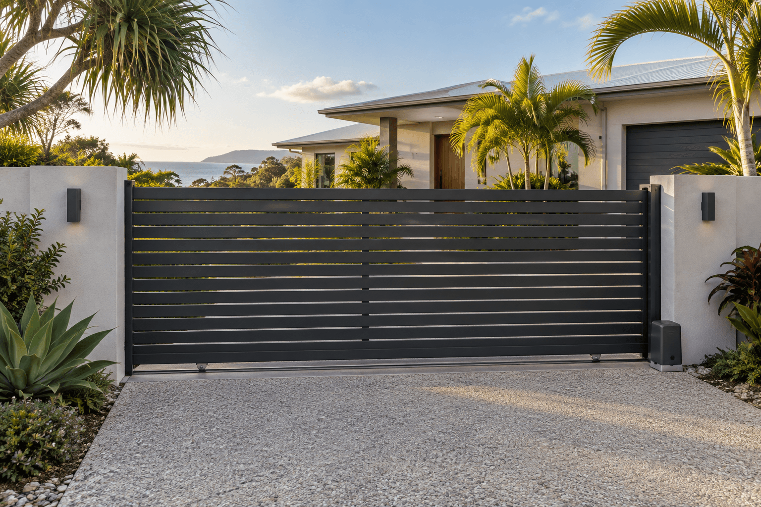 Charcoal automatic sliding driveway gate at a contemporary coastal home with pale pillars and palms